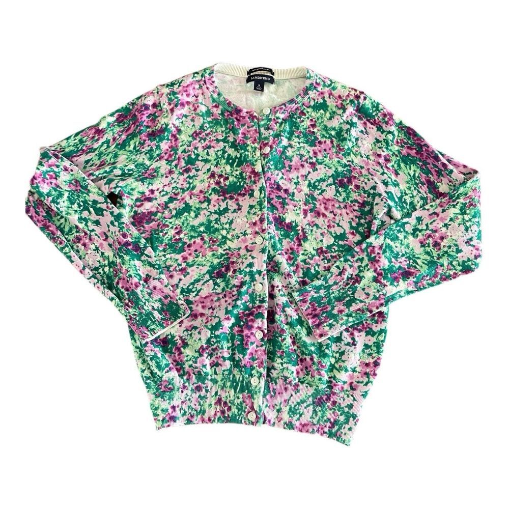 Lands End Cardigan Sweater Womens SMALL Pink Green‎ Floral Supima Long Sleeve